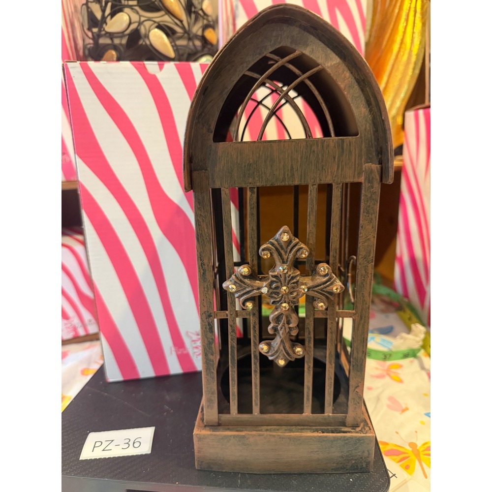 Pink Zebra Simmer Lantern Gothic Cross Birdcage Wax Warmer Bronze Rhinestone 11"
